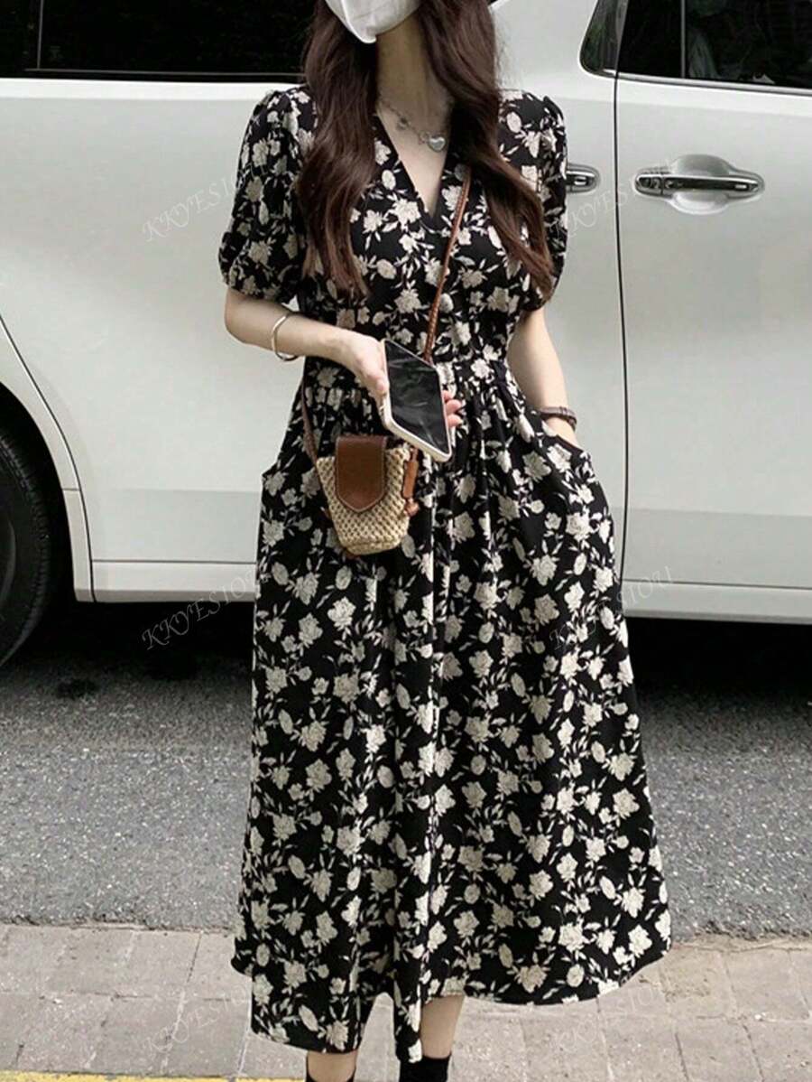 女式短袖碎花中长连衣裙，少女风格