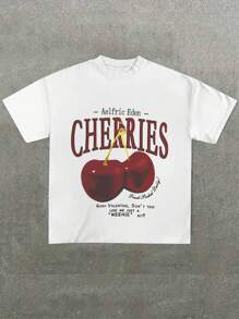 Aelfric Eden Cherries ,Casual Print,Comfortable And Versatile,Letter Pattern Pure Cotton 220g Printed T-Shirt - 白色 - 查看 1