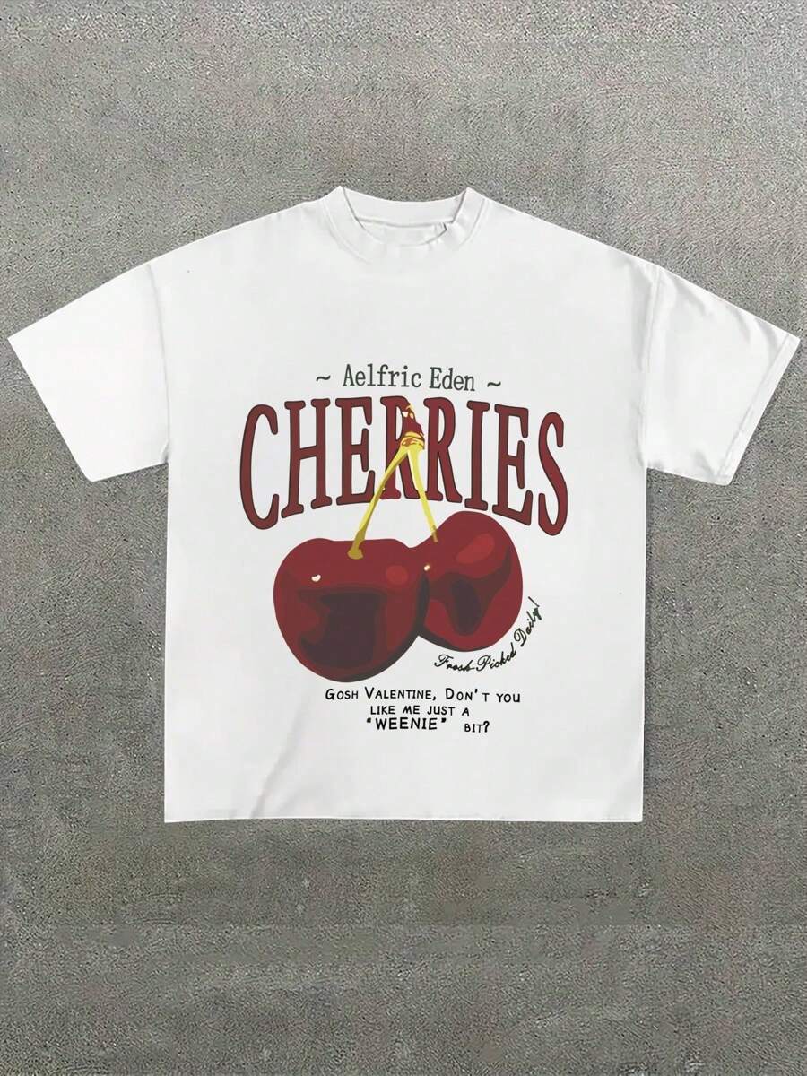 Aelfric Eden Cherries ,Casual Print,Comfortable And Versatile,Letter Pattern Pure Cotton 220g Printed T-Shirt - 白色 - 查看 1