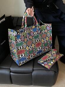 Fashionable Snake Skin Pattern All-Season Travel & Shopping Tote Bag, Extra Large Handbag - Multicolor - View 5