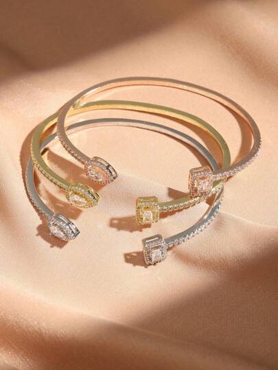 rakol 1 Pc Elegant Cubic Zirconia Hollow Teardrop Cuff Bracelet For Women, Suitable For Daily Wear