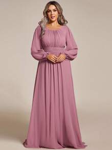 大码优雅浪漫A字浅粉色长袖伴娘礼服，适合秋季婚礼宾客