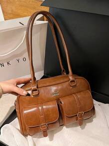Classic Clown Solid Color PU Waterproof Fabric, Letter Graphic Decor Design, Multi-Pocket Shell Bag, Shoulder Bag, Underarm Bag, Pendant Decor Design, Suitable For Travel, Shopping, Commuting, Party, Date And New Year Wear - Brown - View 4