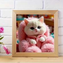 1pc Pink Dress Kitty 5D Diamond Painting Kit - Adult DIY Full Round Diamond Painting Canvas Art Set With Tools, Unframed Home Wall Decor Handcraft, 7.87x7.87inch