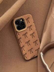 1 pieza Funda de teléfono vintage minimalista caqui con lazo compatible con la serie Apple iPhone 16/15/14/13/12/11 para otoño/invierno