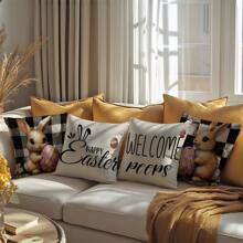 4 件套复活节复古黑白格子兔子枕套套装，单面印花毛绒天鹅绒，45 * 45 厘米/18 * 18 英寸靠垫套适用于现代布艺沙发室内装饰、派对装饰、礼物 - 彩色 - 查看 4