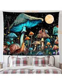 90gsm 梦幻蘑菇壁挂画，带有夜空月亮和蜗牛，桃色天鹅绒家居装饰背景 - 蘑菇森林 - 查看 2