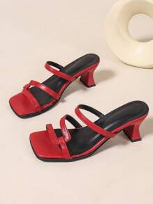 Summer Women High Heel Shoes, Retro Square Toe Strap Design High Heel Sandals, Fashionable Solid Color Chunky Heel Comfortable Slide Slippers