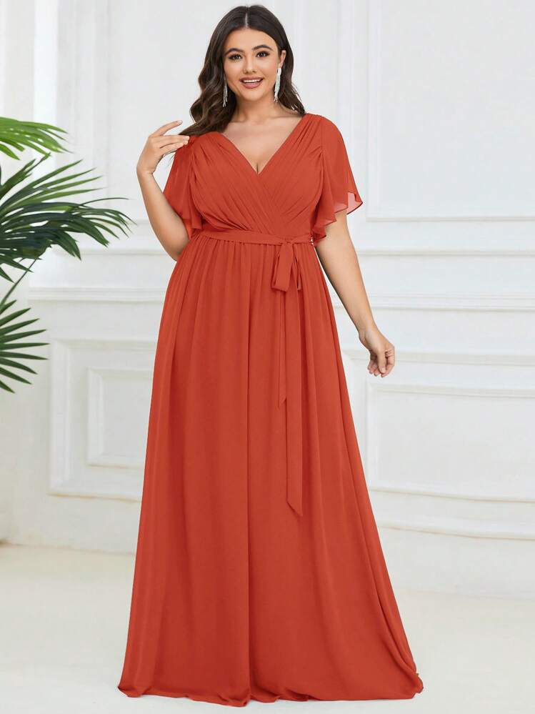 EVERPRETTY Vestido de dama de honor de longitud hasta el suelo con cuello en V, mangas acampanadas con volantes y color naranja quemado, vestido de invitada de boda de primavera/verano - Naranja Quemada - Añade 1