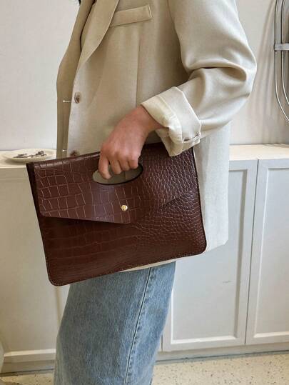 Fashion Solid Color PU Flap Premium Texture Crocodile Pattern, Atmospheric Niche Design, Casual Simplicity, Versatile Envelope, Clutch