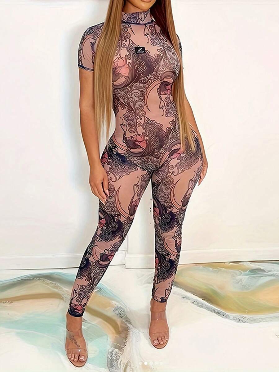 Women Lace Mesh See Through Short Sleeve Sexy Bodycon Party Playsuit Leotard Jumpsuit  Club Outfit Pantsuit - Purple - View 1