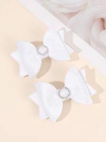 2pcs White Hair Clips, Girls' Solid Color Bow & Alligator Clips With Round Rhinestone, Simple Wedding Hair Clips, Solid Color Bow Hair Clips, Teens Hair Accessories - White - View 2