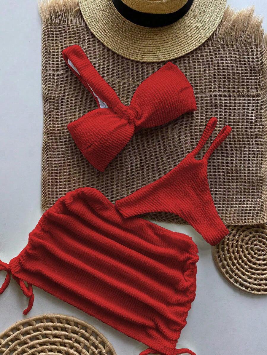 Women's Sexy One-Shoulder Three Pieces Ribbed Bikini Swimsuit For Summer Beach Vacation - Red - View 1