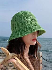 1pc New Solid Color Casual Simple Straw Hat, Lightweight Summer Sun Protection, Foldable & Versatile - Straw Hat - View 3