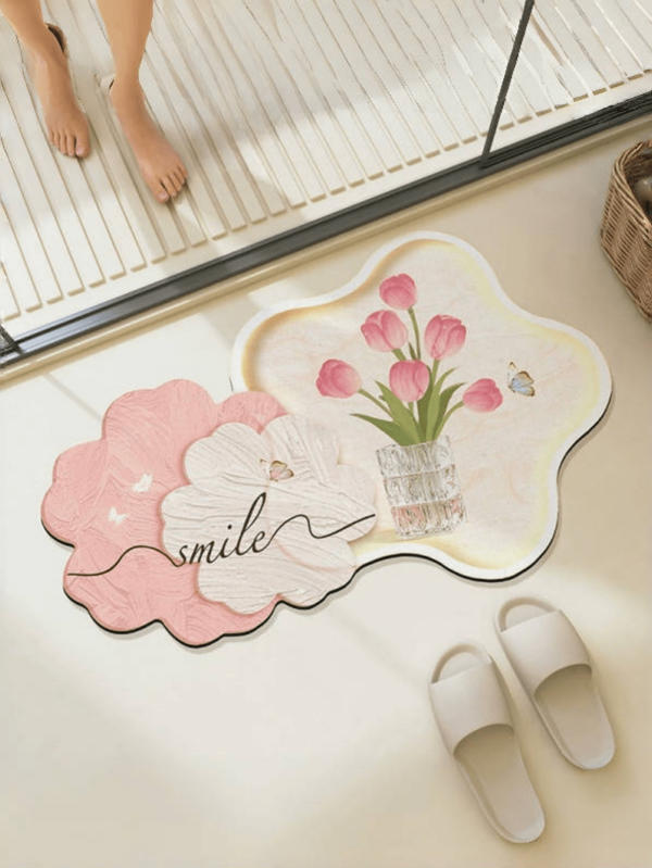 1 Pc Diatom Mud Bathroom Mat, Tulip Flower Design Floor Mat, Bathroom Decoration,Water Absorbent, Quick Drying, Easy To Clean Bathroom Rug, Suitable For Bathroom Kitchen Bedroom Entrance, Home Decoration Rug, Holiday Decoration