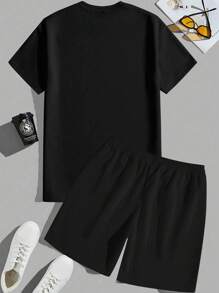 2pcs Set: Plus Size Men's Letter Print Round Neck Short Sleeve Casual T-Shirt And Drawstring Waist Shorts, Summer - Black - View 2