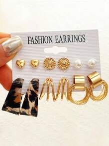 12pcs/Set Retro Butterfly, Heart, Pearl Stud Metal Wrapped Circle Earring Set For Women - Gold - View 3