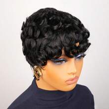 Pixie Cut Curly Human Hair Wig For Women, Short Loose Wave Style, Glueless Rose Net Cap, Non-Lace Deep Wave Wigs For Women, With Bangs Ideal Mommy Wig Perfect For Daily Use Wear - Black - View 10