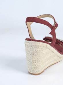 厚底亚麻绳水钻带休闲凉鞋，春夏