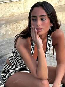 Casual Vacation Two Pieces Sets Contrast Color Striped Shorts Suits For Women Streetwear Halter Tank Tops Mini Shorts Spring Break Outfits