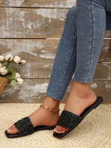 女士单趾带水钻装饰凉鞋，夏季休闲百搭户外塑料平底拖鞋 - 黑色 - 查看 5