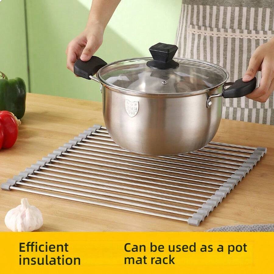 304 Stainless Steel Drain Roller Shutter Kitchen Sink Drain Dish Rack Foldable Drain Rack Mildew Silicone Storage - Silver - View 1