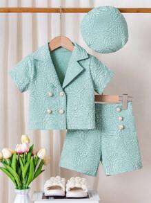 Girls White Suit 3-Piece Set, Elegant Shirt + Shorts + Hat, Classic Children's Party Dress, Jacquard Textured Fabric, Vintage Style, Suitable For Festivals, Birthdays, Photoshoots, Fits Girls Aged 4-7, Spring/Summer - Blue - View 1