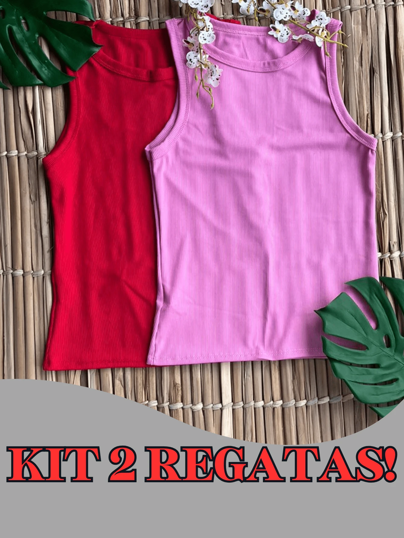 Kit 2 Women's Plain Ribbed Tank Top Basic T-Shirt Casual Sleeveless Blouse - 紅色/粉紅色 - 查看 1