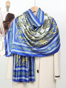 1件奢华时尚宫廷印花围巾，复古缎面披肩，仿丝头巾，休闲防风防晒旅行连衣裙 - 藍色 - 查看 4
