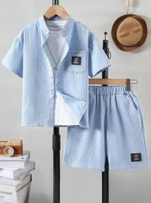 Boys Stylish Plaid Short Collar Shirt Set (Suitable For All Seasons) - Baby Blue - View 1