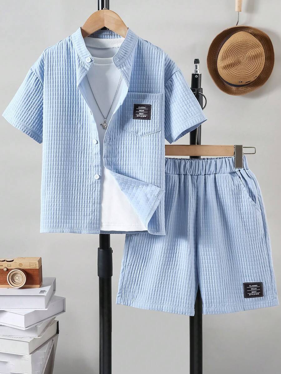 Boys Stylish Plaid Short Collar Shirt Set (Suitable For All Seasons) - Baby Blue - View 1