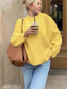 女士休闲纯色圆领长袖针织套头衫，适合万圣节和圣诞节