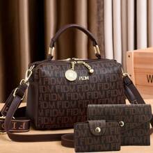 Conjunto de 3 Peças de Bolsas de Moda Feminina - Sacola Casual Versátil com Carteira, Marrom Café, Couro Sintético, Fechamento com Zíper, Estampado, Acabamento com Desenho de Cordão - Para Mulheres - Adequado para Uso Diário, Compras, Encontros - Presente Perfeito para Ela