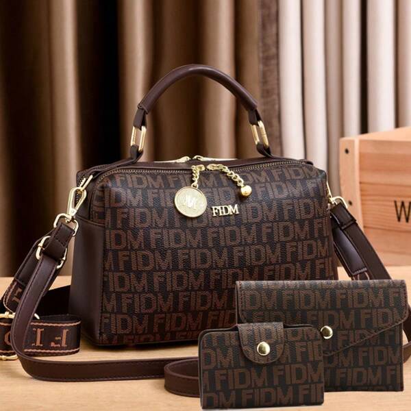 Conjunto de 3 Peças de Bolsas de Moda Feminina - Sacola Casual Versátil com Carteira, Marrom Café, Couro Sintético, Fechamento com Zíper, Estampado, Acabamento com Desenho de Cordão - Para Mulheres - Adequado para Uso Diário, Compras, Encontros - Presente Perfeito para Ela