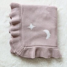 1 件婴儿棉质波浪褶边毯，精致提花月亮和星星图案，适合所有季节