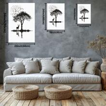 Black And White Silhouette Of A Deer And Tree With Birds. Large Wooden Framed Wall Art Artist Home Decoration Oil Painting - Bedroom, Bathroom, Living Room, Office, Kitchen, Christmas Gifts - 1 Piece
