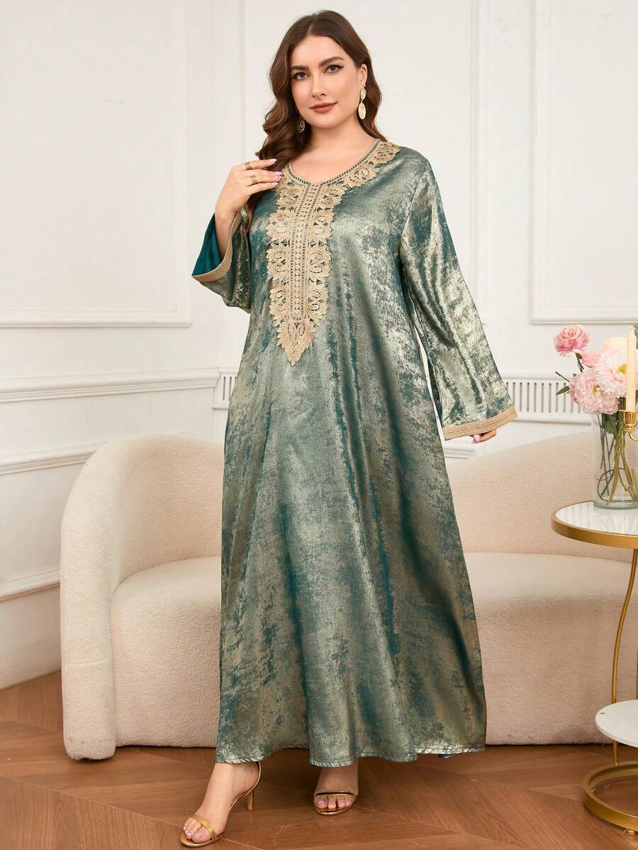 DEARCASE Plus Size Tape Bell Sleeve Metallic Dress,Modest Spring - Lake Blue - View 1