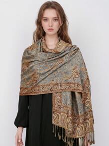 1条女士波西米亚风复古佩斯利提花羊绒围巾，休闲优雅防晒披肩，适合日常佩戴