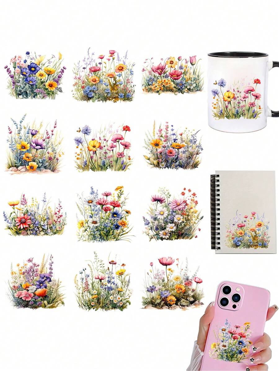 12pcs/24pcs Spring Wildflower Flowerbed Floral DIY UV DTF Transfer Stickers Glass Jars And Coffee Mugs Cup Wraps Decoration, Bottles Vase Stickers, Laptops Phone Cases Greeting Cards Decal Stickers, Illustration, Bottles, Notebooks Junk Journals, Ornament Decor, Gift Box Packaging Decorations, Waterproof Sticker, Suitable For Any Hard Surface Transfer Stickers - Multicolor - View 1