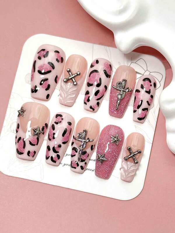 Set de 10 uñas postizas medianas en forma de ataúd hechas a mano en estilo Y2K, uñas de primavera y verano, uñas color rosa brillante, uñas con estampado de leopardo, decoración de uñas de estilo punk, con cruces, uñas postizas desmontables, suministros de uñas y decoración de uñas, aptas para fiestas, bailes, uso diario, fiestas de estudiantes, cosplay, de colocación y reutilizables, con pegamento de gelatina y lima de uñas, suministros DIY para uñas