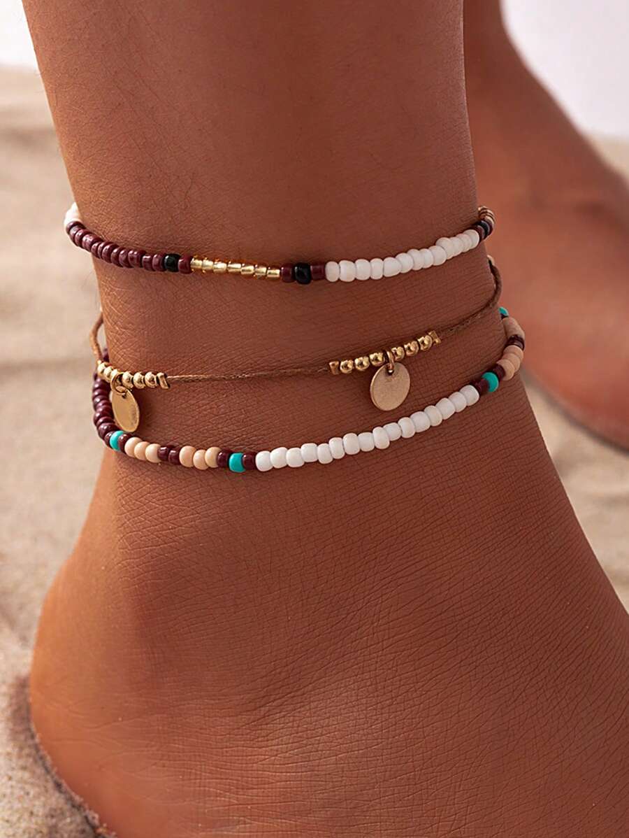 3pcs/Set Bohemian Style Multi-Layer Beaded Beach Anklet, Decorated With Seashells, Suitable For Casual Summer Style - Multicolor 3 Pieces - View 1