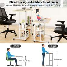 Mesa de Computadora Elevable con 3 Estantes, Altura Ajustable con Ruedas, Mesa Lateral Móvil para Dormitorio y Oficina, 60*40cm - Caqui - Ver 4