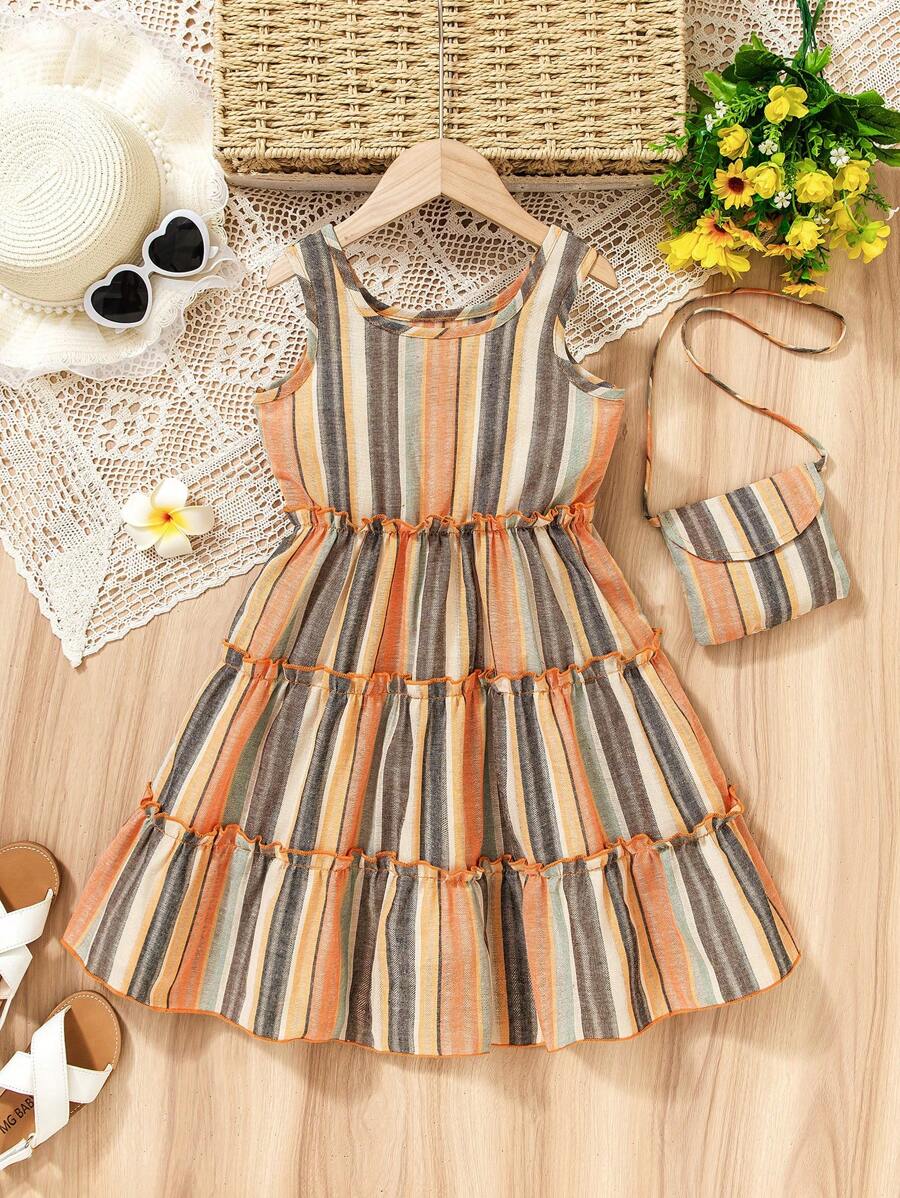 Girls Boho Rainbow Striped Vacation Dress | Summer Vintage Sleeveless Romper Toddler Soft Linen Dress, Fresh Countryside Style, Essential For Family Outing And Beach Holiday, Fashion Magnet, Fits 4-7 Years Old Girls, Spring/Summer - Multicolor - View 1