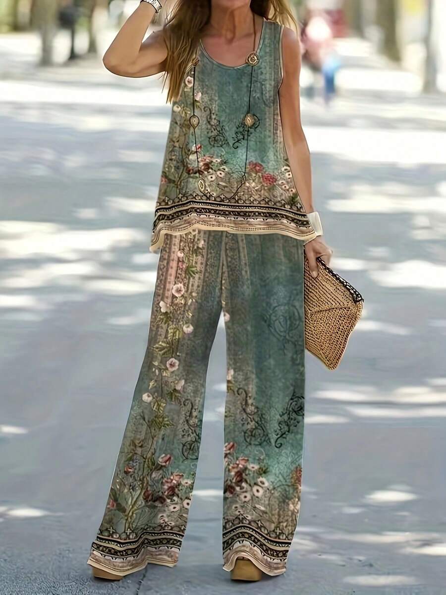 Vintage Floral 2-Piece Set Women - Sleeveless Top & Wide Leg Pants Boho Casual Outfit - xanh quân đội - Xem 1