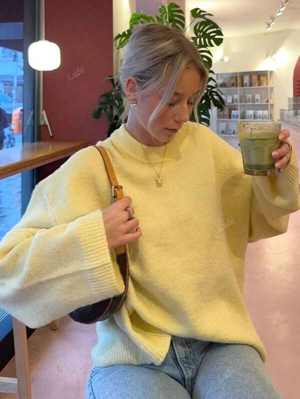 Women's Solid Color Crew Neck Long Sleeve Casual Knitted Pullover Sweater