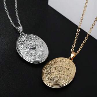 1pc Vintage Oval Engraved Pendant Necklace, DIY Photo Frame, Commemorative Gift For Men & Women
