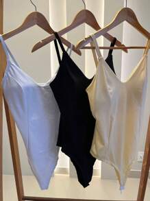 Bori Bory Women's Bodysuit Kit Suplex Shapewear Low-Cut V-Neck Thin Straps With Chic Padded Bra Various Colors Party Gift - 黑白黃 - 查看 2