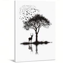 Black And White Silhouette Of A Deer And Tree With Birds. Large Wooden Framed Wall Art Artist Home Decoration Oil Painting - Bedroom, Bathroom, Living Room, Office, Kitchen, Christmas Gifts - 1 Piece