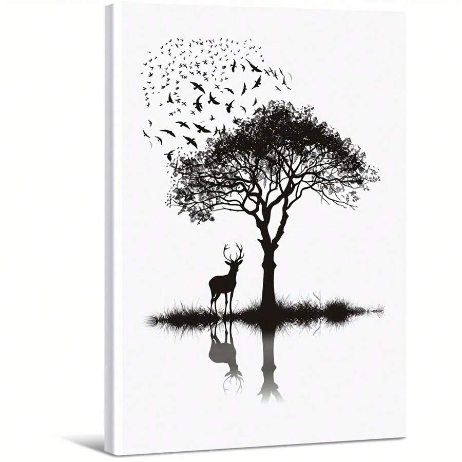 Black And White Silhouette Of A Deer And Tree With Birds. Large Wooden Framed Wall Art Artist Home Decoration Oil Painting - Bedroom, Bathroom, Living Room, Office, Kitchen, Christmas Gifts - 1 Piece