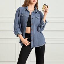 Women's Spring Denim Coat Lapel Long Sleeve Solid Color Button Down Shirt Jacket - Blue - View 3